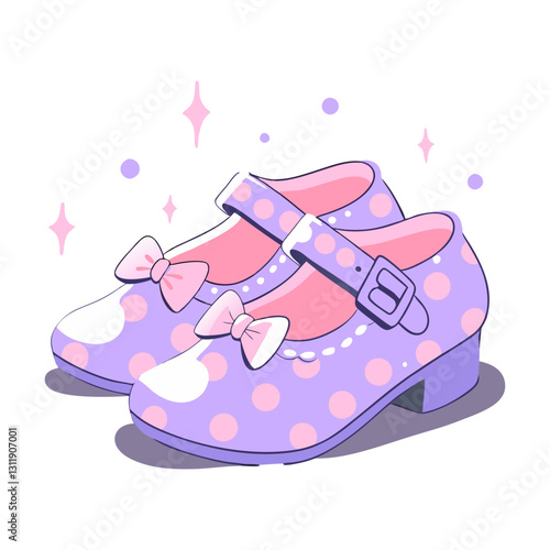 Vector illustration of pastel Mary Jane shoes with polka dots, bows, and sparkles. Cute and stylish design perfect for fashion, kids’ wear, and accessories themes.