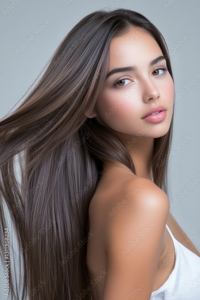 Naklejka premium Stunning woman with flowing silky brunette hair in a beauty portrait style