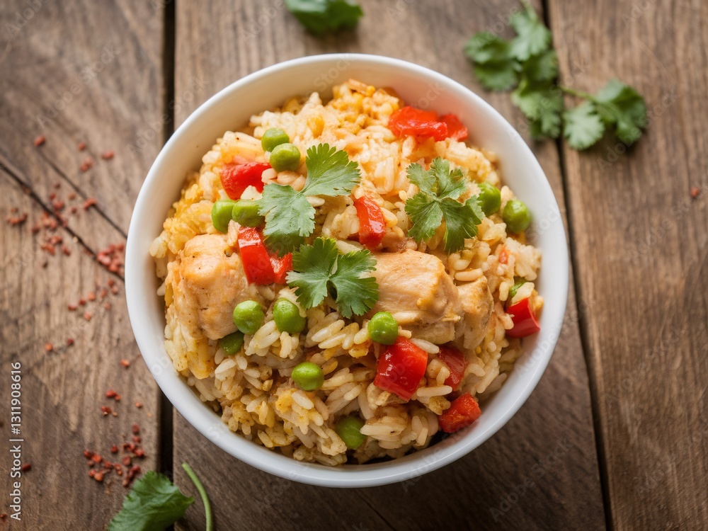 Delicious bowl of chicken fried rice with vibrant vegetables and herbs. Delicious bowl of chicken fried rice with vibrant vegetables and herbs.