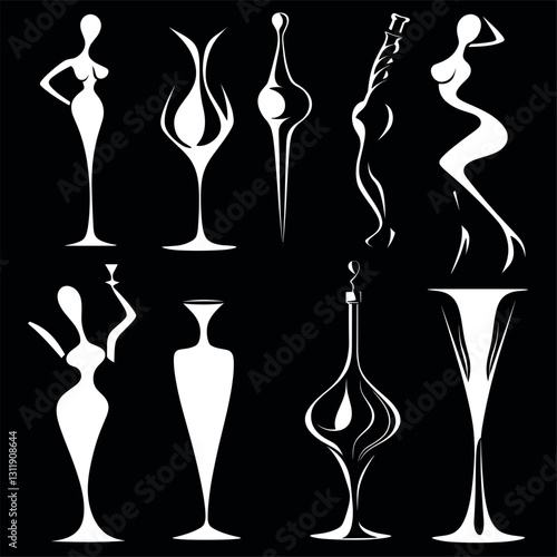 The line art of Silhouettes in the Form of Wine Tools: Shapes like corkscrews or decanters figures