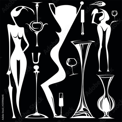 The line art of Silhouettes in the Form of Wine Tools: Shapes like corkscrews or decanters figures