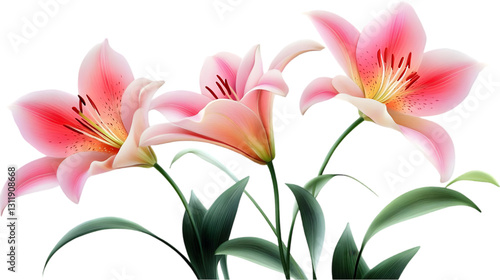 Pink Lilies Bloom Isolated on White Background