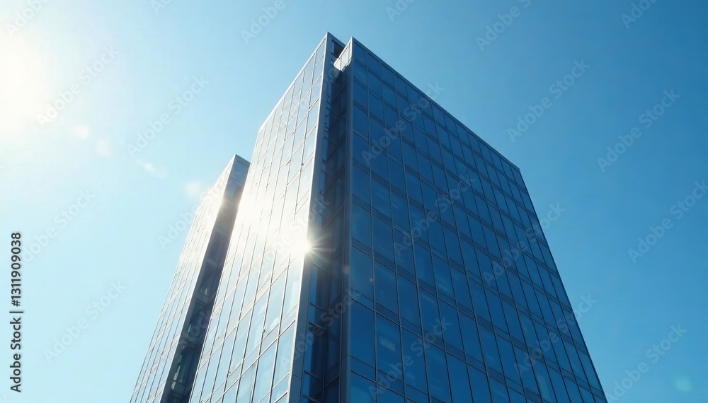 Modern high-rise office building with reflective windows against clear sky, building, modern Modern high-rise office building with reflective windows against clear sky, building, modern