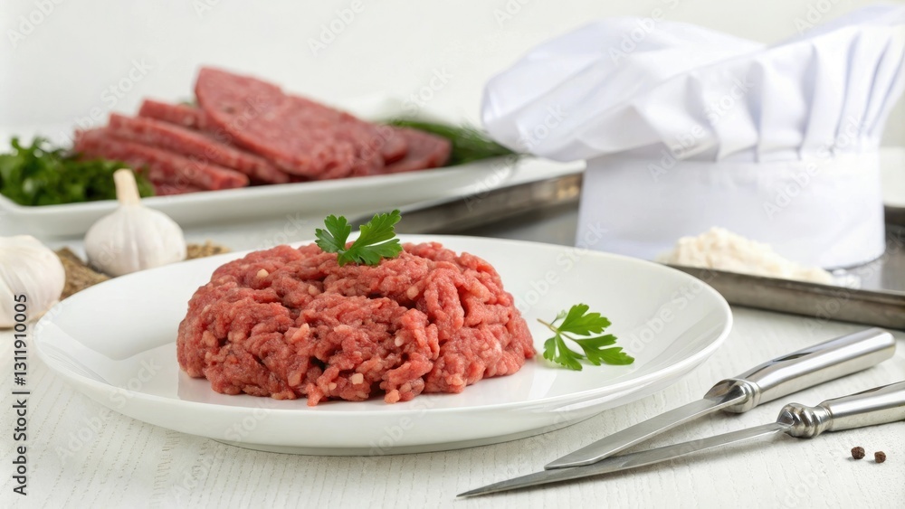 Minced lamb on white plate with utensils and chef hat in the background, kitchen, appliance, utensil, cooking, meat Minced lamb on white plate with utensils and chef hat in the background, kitchen, appliance, utensil, cooking, meat