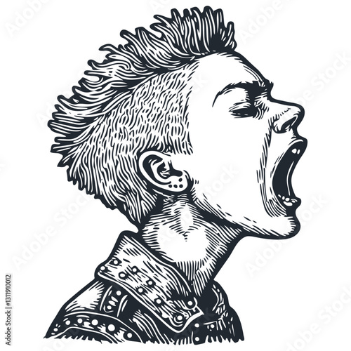 Vector illustration of a screaming punk girl with a mohawk hairstyle shown in profile. Dramatic line work emphasizes her rebellious energy.