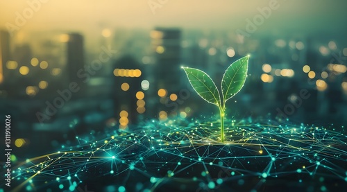 Digital seedling on network with blurred city background, symbolizing growth and technology.