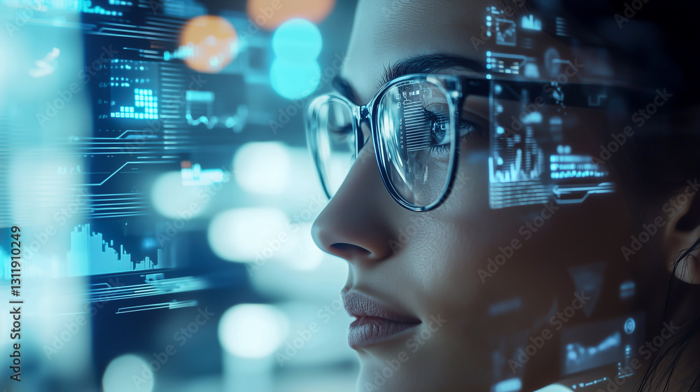 A focused individual analyzes digital data streams with high-tech glasses displaying complex analytics, representing innovation and technology. A focused individual analyzes digital data streams with high-tech glasses displaying complex analytics, representing innovation and technology.