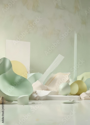 Minimalist abstract composition dominated by soothing pastel green and creamy white tones with subtle yellow undertones, minimalist, creamy white, yellow undertones photo