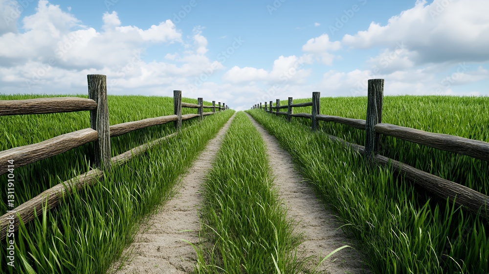 Dirt Road Through Wildflower Field with Wooden Fences Under Blue Sky