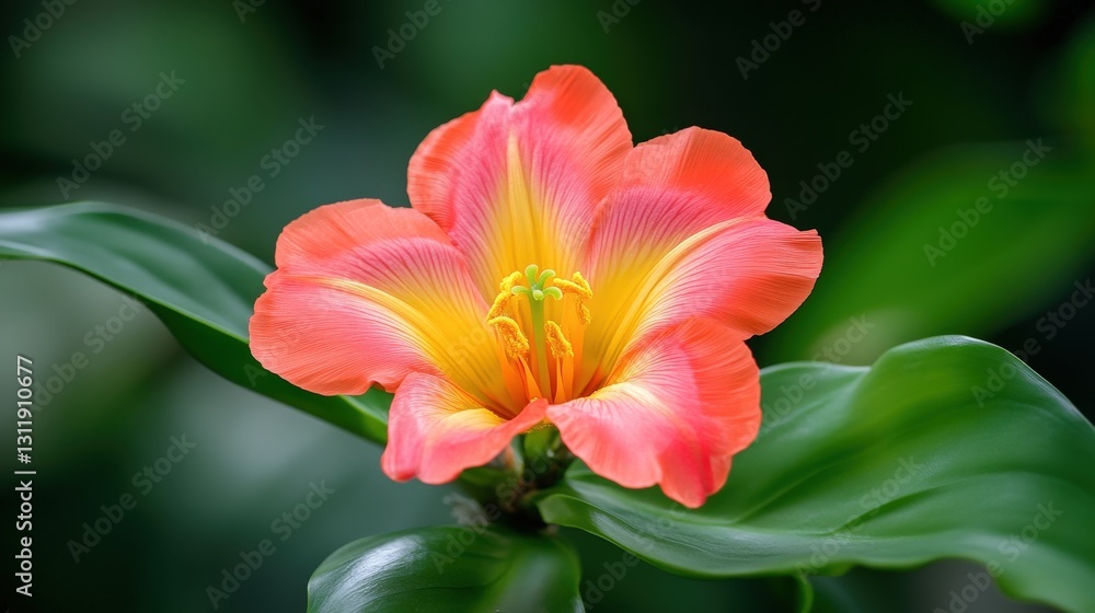 Fototapeta premium A vibrant flower with pink and yellow petals surrounded by lush green leaves, showcasing nature's beauty in a close-up view.