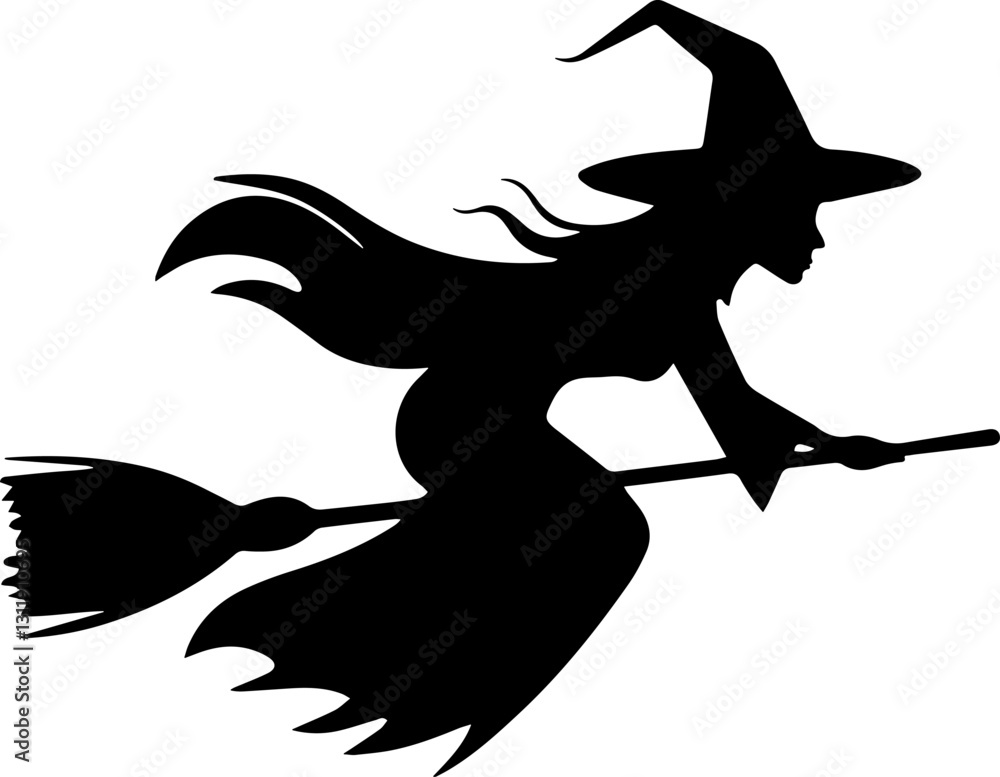 Fototapeta premium Witch on a broomstick black silhouette isolated on white background