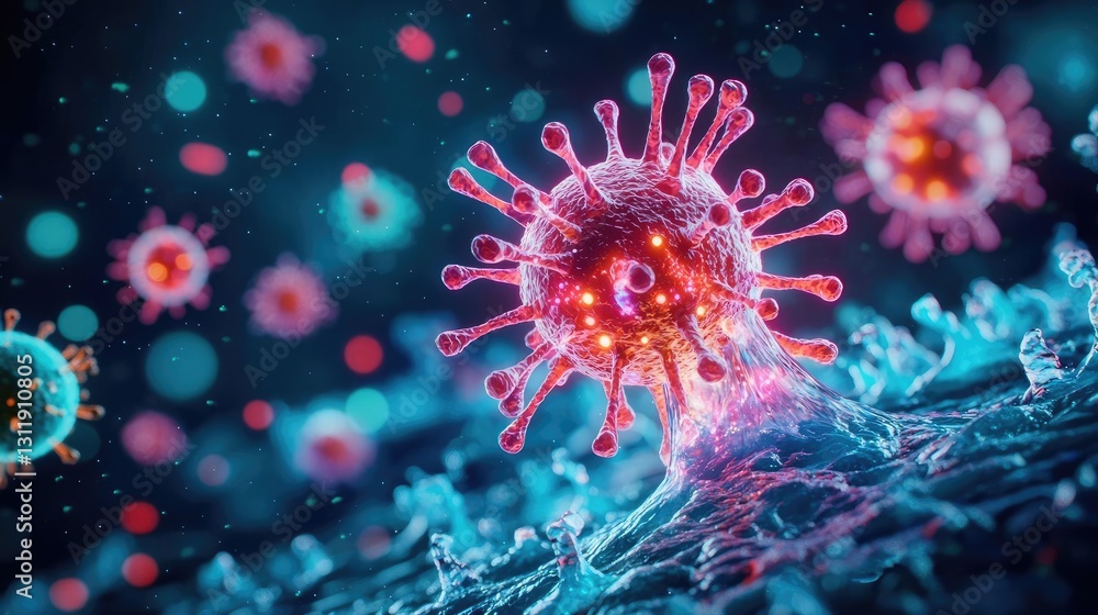Iceberg melting idea. Colorful microscopic view of viruses attacking a cell in a digital representation. Iceberg melting idea. Colorful microscopic view of viruses attacking a cell in a digital representation.