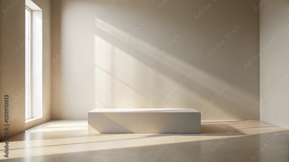 Fototapeta premium Sunlight streams through a window illuminating an empty minimalist room with a simple rectangular platform