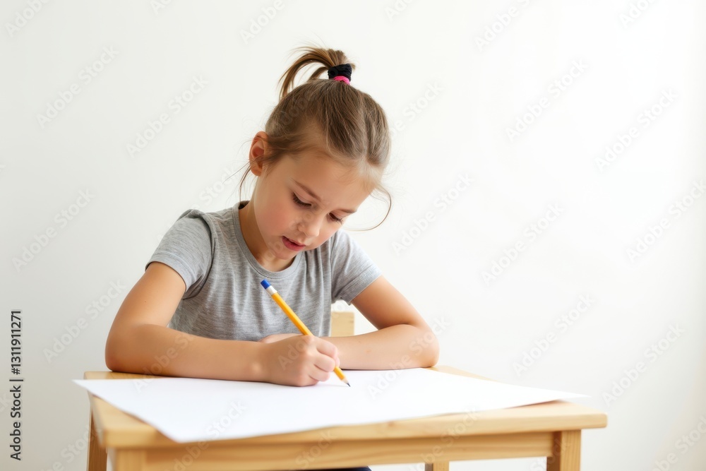 Young girl drawing at a wooden table indoors Young girl drawing at a wooden table indoors