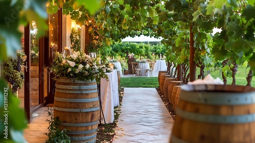 A charming vineyard path lined with wooden barrels and lush greenery, leading to elegantly set dining tables amidst nature.