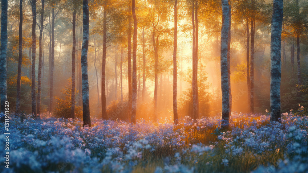 Fototapeta premium Hazy forest in springtime. Flowers bloom in forest floor. Sunlight filters through the trees.