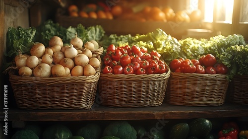 Wallpaper Mural Freshly harvested vegetables displayed in rustic baskets on a wooden surface glowing under warm lighting Torontodigital.ca