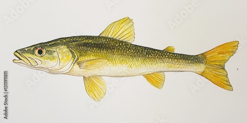 A captivating watercolor painting of a smallmouth bass, its body in shades of light to dark yellow, elegantly poised to the left, exuding aquatic grace and detail photo