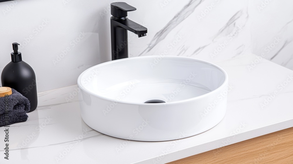 Fototapeta premium Modern White Vessel Sink & Black Faucet Bathroom Design
