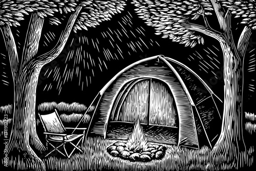 cozy camping setup with a tent and trees black and white hand drawn sketch