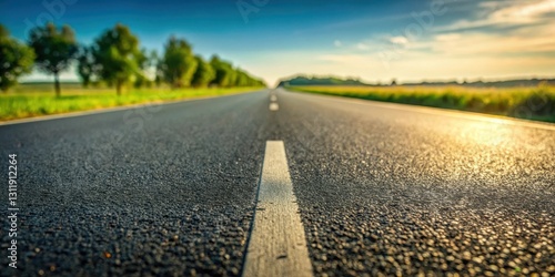 Asphalt road stretching towards a sunlit horizon, lined with lush green trees and golden fields, a journey of endless possibilities awaits