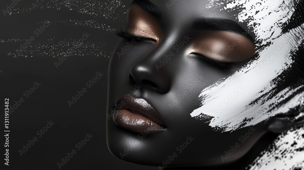 Striking artistic beauty portrait with bold black and white contrast for high-fashion editorials, creative makeup concepts, and modern aesthetic visuals Striking artistic beauty portrait with bold black and white contrast for high-fashion editorials, creative makeup concepts, and modern aesthetic visuals