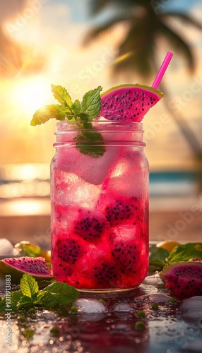 dragon fruit mojito in an artisan glass mason jar