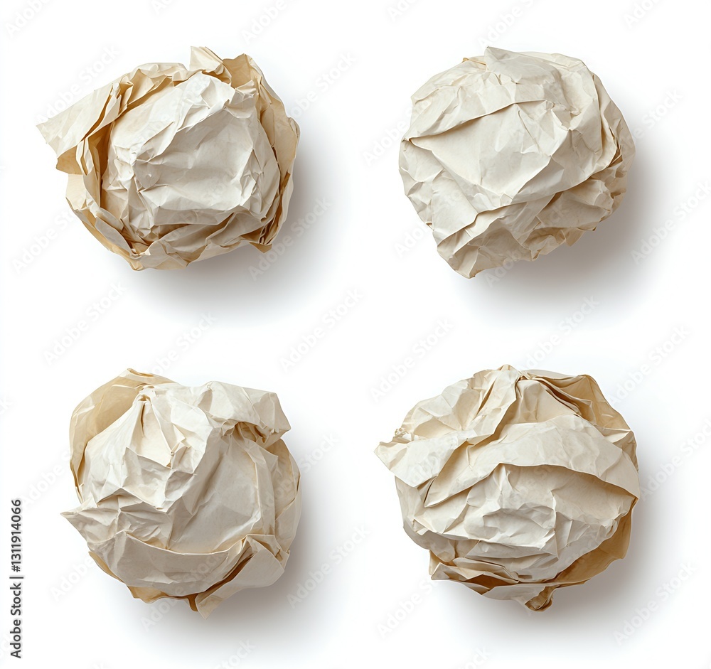 Fototapeta premium Crumpled Brown and White Paper Balls in a Creative Arrangement on White Background : Generative AI