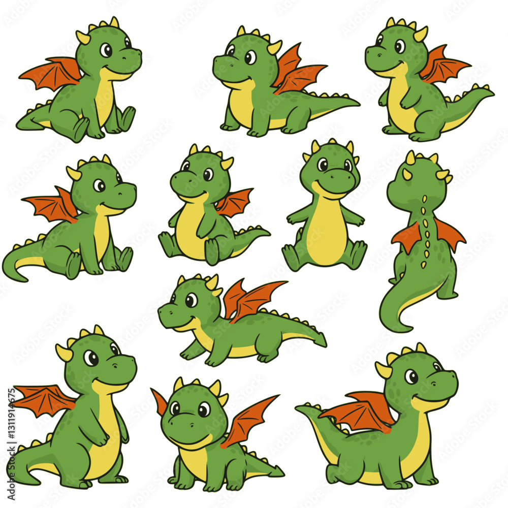 Fototapeta premium Cute cartoon dragon character with different poses. Set of dragons isolated on white background. Multilayer SVG file without gaps between paths.