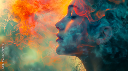 Serene profile of a woman enveloped in abstract smoke, blending calm and vibrant energy in a surreal, dreamlike atmosphere.