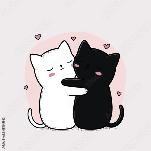 Cat love. Cat couple hugging, cudling and kissing. Valentines day card.