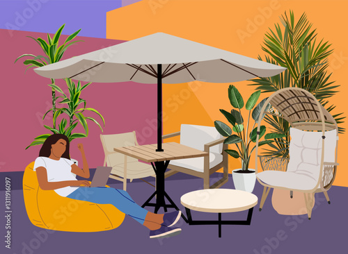 Freelancer girl with laptop, sitting on bean bag chair in comfortable patio, terrace with outdoor furniture, umbrella, lants. Pretty black woman working from home. Vector colorful illustration.