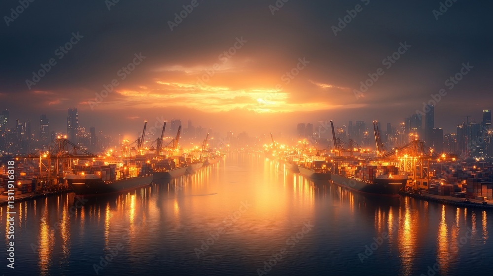 Industrial port operations at dawn urban waterfront aerial view vibrant cityscape reflections modern infrastructure maritime activities Industrial port operations at dawn urban waterfront aerial view vibrant cityscape reflections modern infrastructure maritime activities