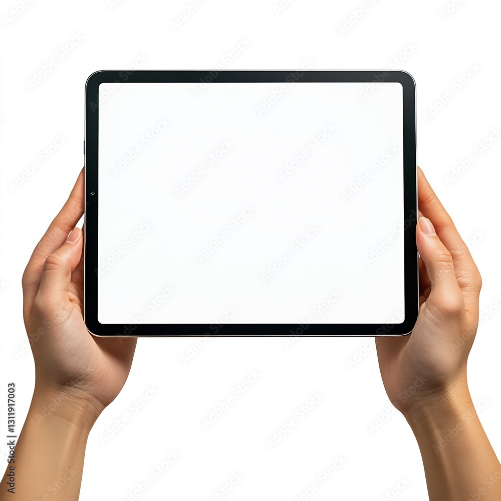 Hands Holding a Blank Tablet Screen Against a White Background for Mockup Use : Generative AI Hands Holding a Blank Tablet Screen Against a White Background for Mockup Use : Generative AI