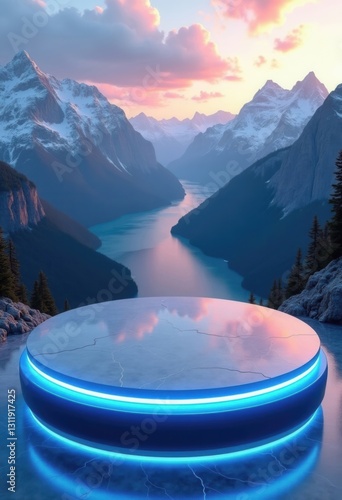AI Generated Futuristic Glowing Platform with Neon Lights in a Breathtaking Mountain Landscape for Social Media Ads, Product Display, and Digital Marketing
