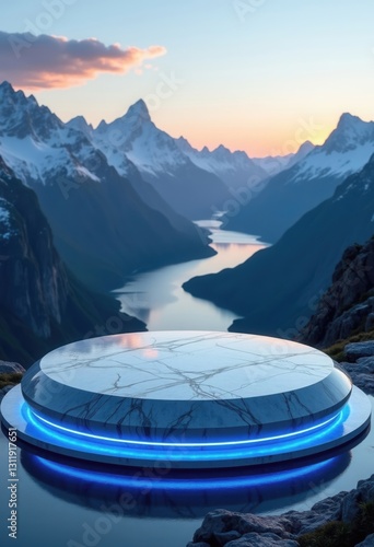 AI Generated Futuristic Glowing Platform with Neon Lights in a Breathtaking Mountain Landscape for Social Media Ads, Product Display, and Digital Marketing
