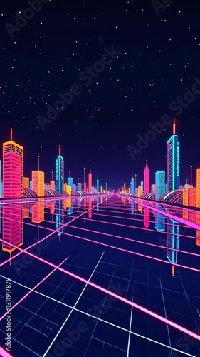 A cityscape with neon lights and buildings. The buildings are in different colors and are reflected in the water