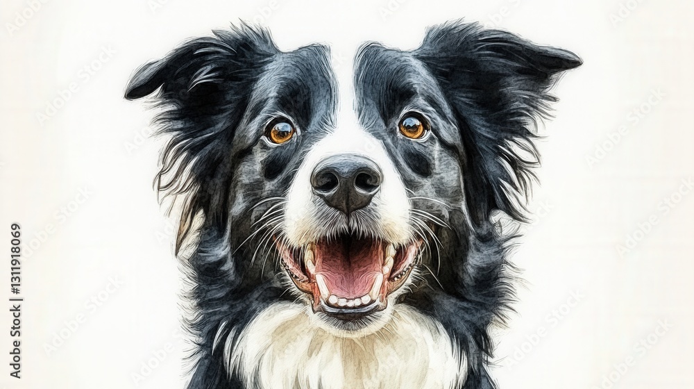 Black & white Border Collie's expressive face captured in detailed watercolor. Open mouth reveals playful teeth, tongue peeking out, rendered realistically Black & white Border Collie's expressive face captured in detailed watercolor. Open mouth reveals playful teeth, tongue peeking out, rendered realistically