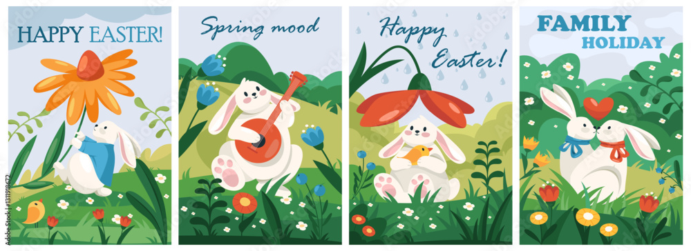 Fototapeta premium Set of banners with cartoon rabbits for Easter holiday. Vector flyers or greeting card collection. Happy Easter bunnies the symbols of spring fest. Hand drawn invitations, postcard or painted images.
