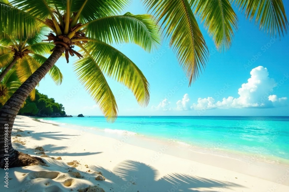 Obraz premium Golden sand, turquoise water, lush palm fronds sway gently , ocean view, sand