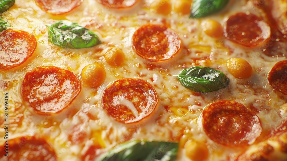 Top view of pepperoni pizza with mozzarella and basil Top view of pepperoni pizza with mozzarella and basil