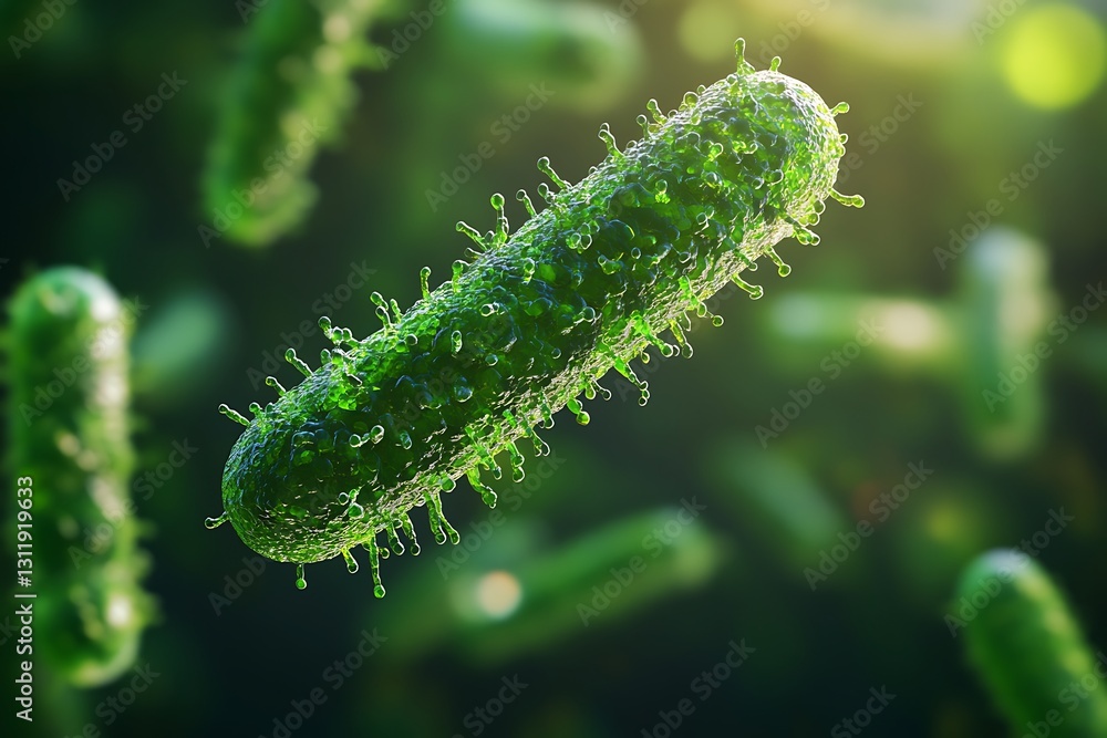 Naklejka premium Microscopic view of a rod-shaped bacterium with pili.