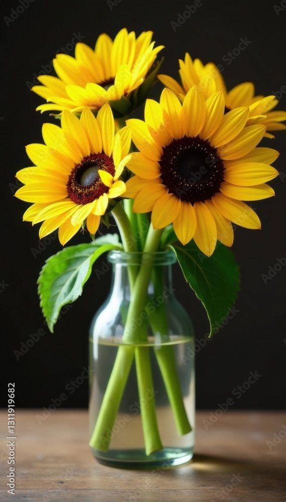 Obraz premium Sunflowers burst in glass vase, vibrant yellow petals , green, farmhouse