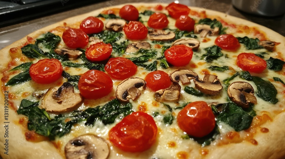 Vegetarian Pizza with Spinach and Roasted Cherry Tomato Vegetarian Pizza with Spinach and Roasted Cherry Tomato