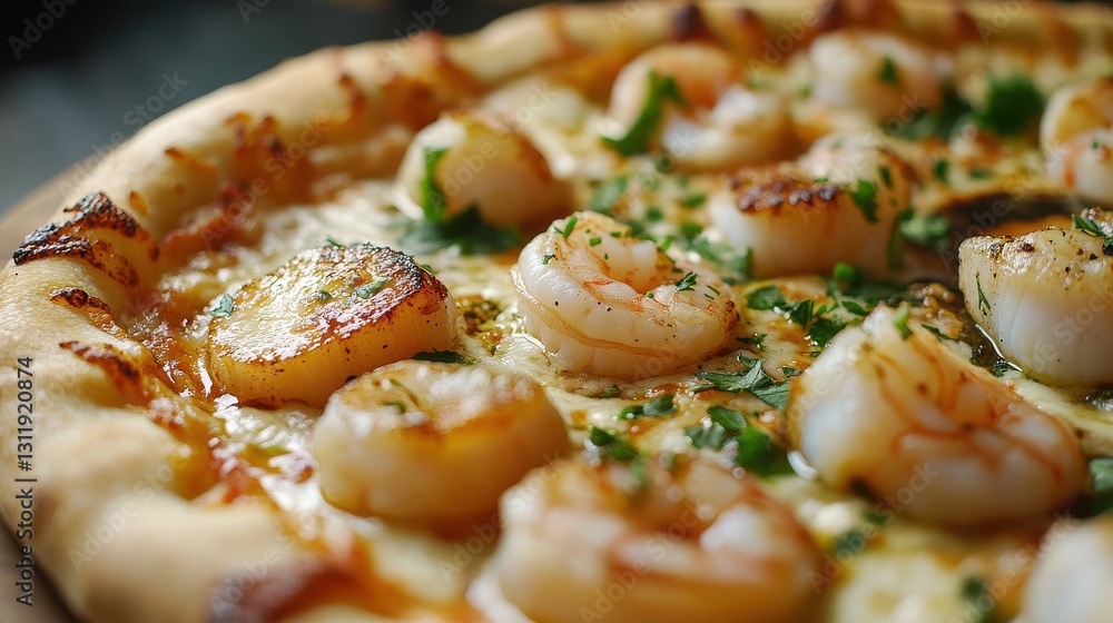 Seafood Pizza with Scallops, Shrimp, and Calamari on BlueBackground Seafood Pizza with Scallops, Shrimp, and Calamari on BlueBackground