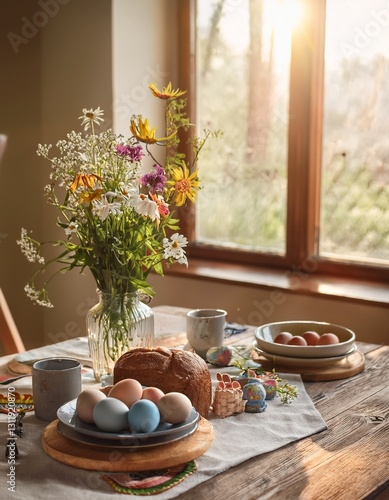 easter table setting with flowers