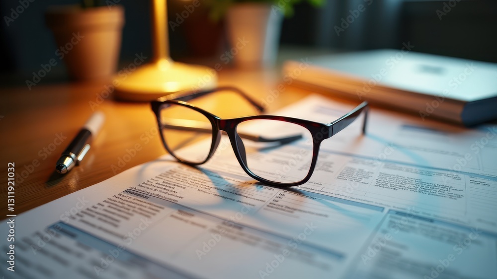 Glasses on tax form, A pair of glasses on a detailed tax form with soft lighting and wooden textures creating elegance. Glasses on tax form, A pair of glasses on a detailed tax form with soft lighting and wooden textures creating elegance.