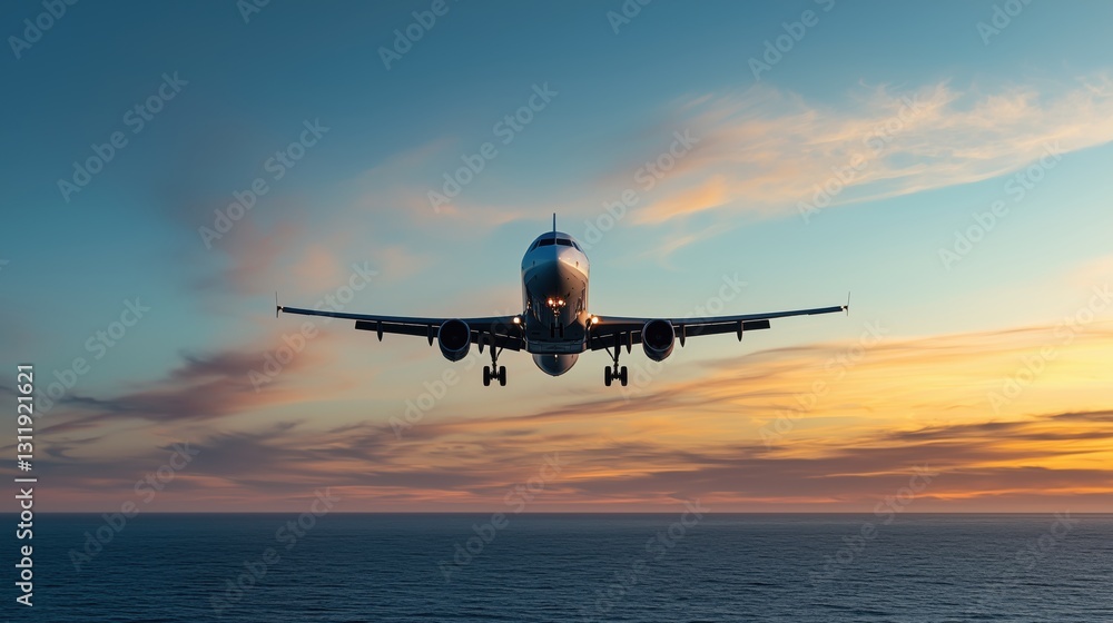 A Commercial Aircraft Approaching Landing Over Ocean Water Under a Colorful Sunset Sky with Clouds in the Background A Commercial Aircraft Approaching Landing Over Ocean Water Under a Colorful Sunset Sky with Clouds in the Background