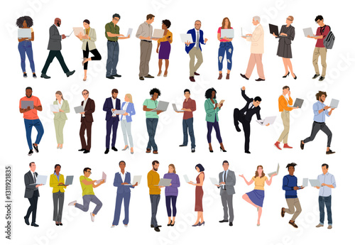 Bundle of Business people working at laptop. Different men, women wearing smart casual, formal office outfits standing with computer. Vector realistic illustration isolated on transparent background.
