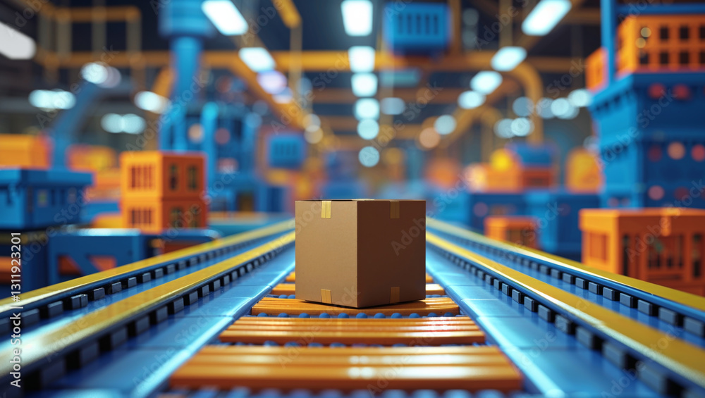 A lone cardboard box travels down a conveyor belt in a modern, automated factory. A lone cardboard box travels down a conveyor belt in a modern, automated factory.